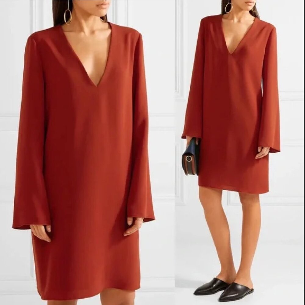 Theory Ulyssa Admiral Crepe Shift Dress Red Oak V-Neck Long Bell Sleeve S